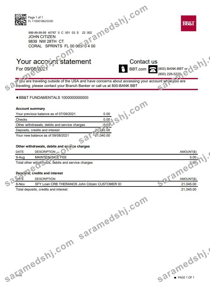 USA North Carolina BB&T Corp. bank account statement template in Excel and PDF format
